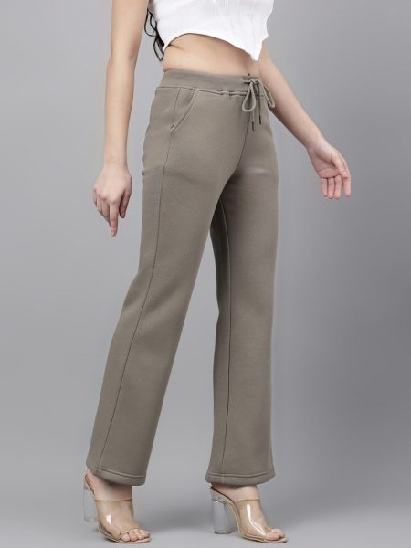 Women Olive Solid Fleecy Wide Leg Trousers