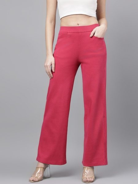 Women pink Ribbed Wide Leg High-Rise Trousers