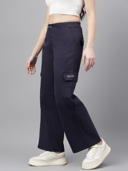 Women Navy Comfort Wide Leg High-Rise Cargo Trousers