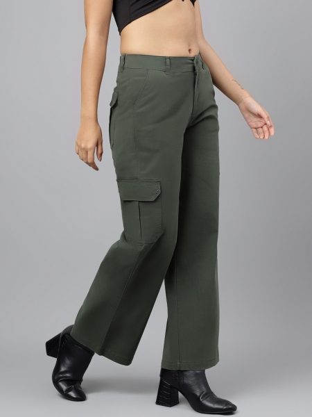 Women Dark Green Comfort Wide Leg High-Rise Cargo Trousers