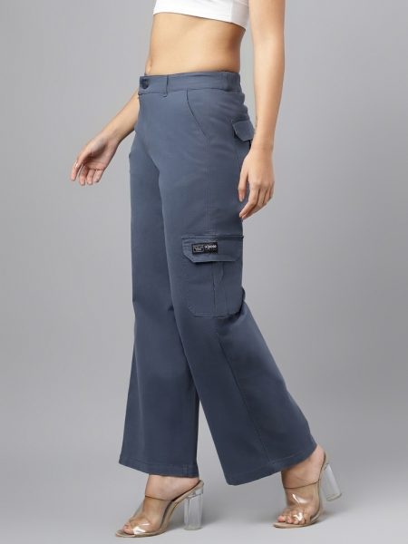 Women Blue Comfort Wide Leg High-Rise Cargo Trousers