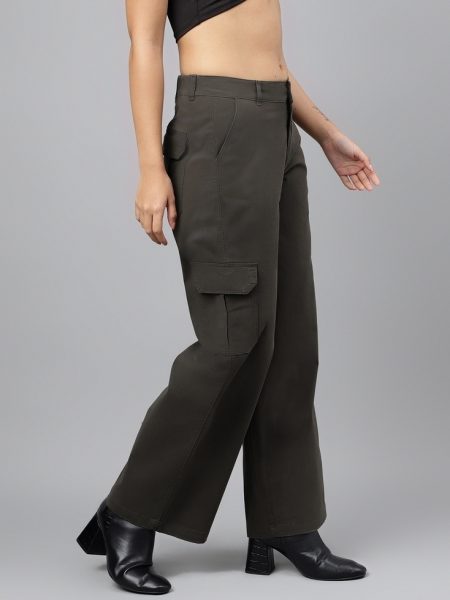 Women CharcoalOlive Comfort Wide Leg High-Rise Cargo Trousers