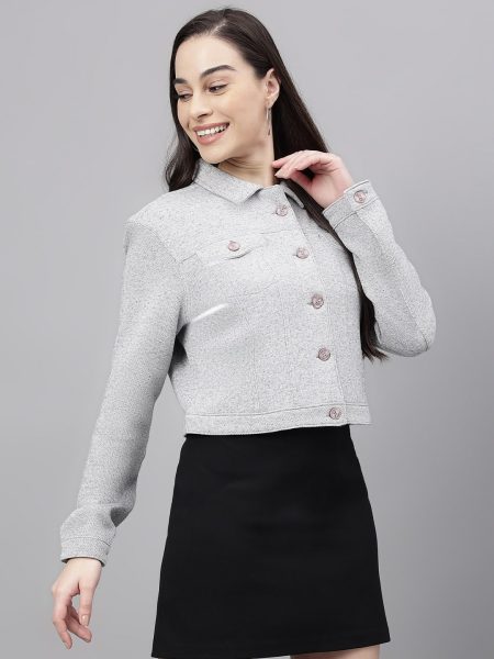 Women Grey Spraed Collar Long Sleeves Crop Tailored Jacket