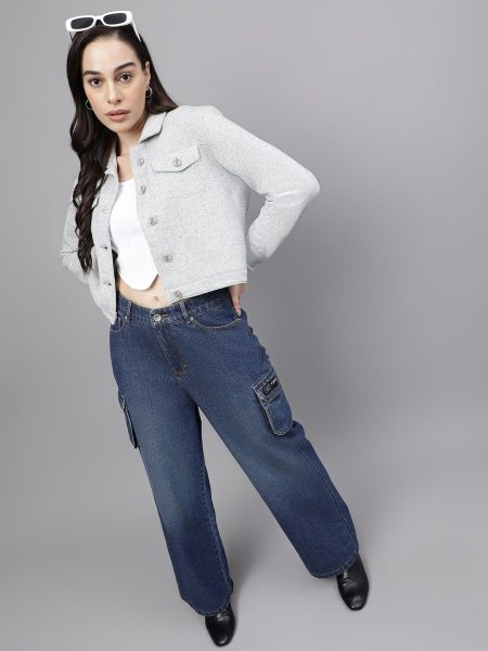 Women Green Spraed Collar Long Sleeves Crop Tailored Jacket