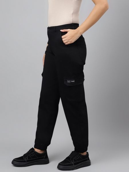 Women Black Cotton High Rise Joggers