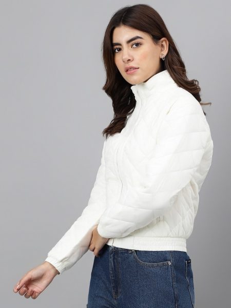 Women White Solid Quilted Jacket