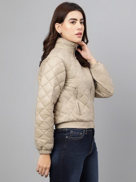Women Beige Solid Quilted Jacket