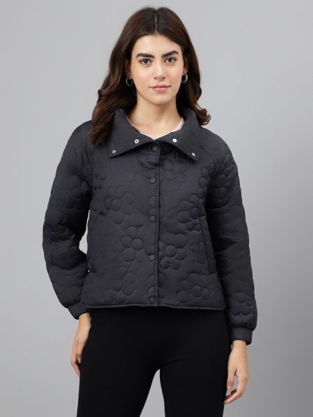 Women Black Lightweight Lapel Collar Quilted Jacket