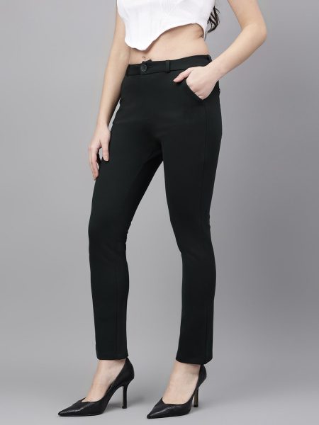 Women Deep Green Comfort Straight  Slim Fit  High-Rise Trousers