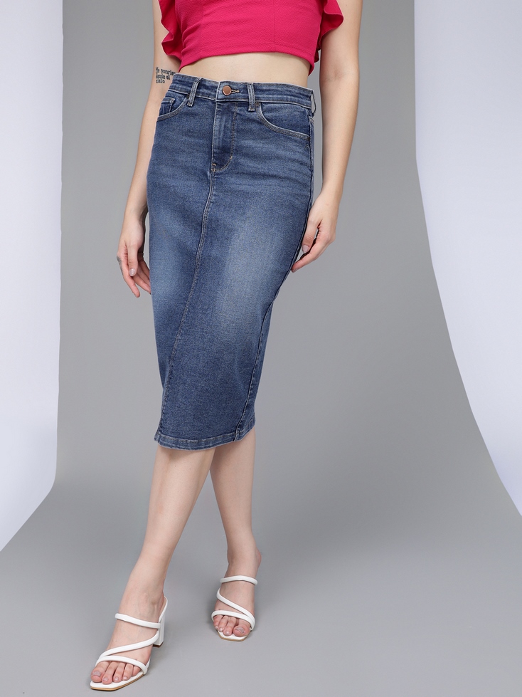 Women Light Blue High Rise Denim Pencil Midi Skirt Xpose Jeans