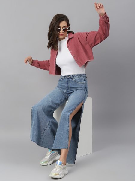 Women Pink Corduroy Cropped Shacket