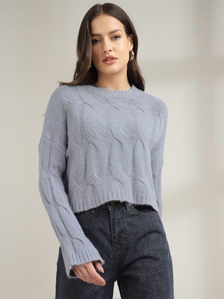 Women Blue Fleece Cropped Pullover