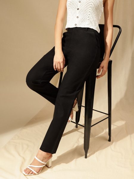 Women Black cotton - Linen straight Fit High-Rise Trousers