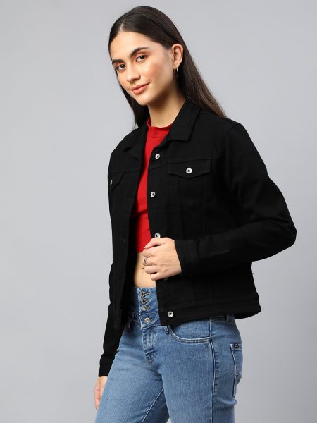 Black Solid Regular Denim Jacket