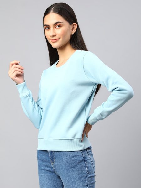Women Light Blue Round Neck Wool Pullover Sweatshirt