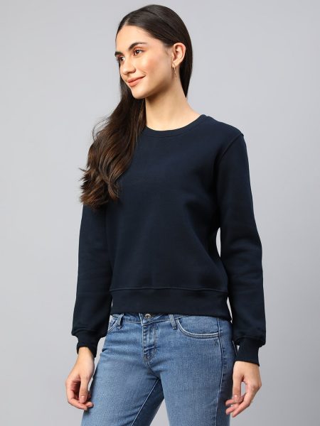 Women Navy Round Neck Wool Pullover Sweatshirt