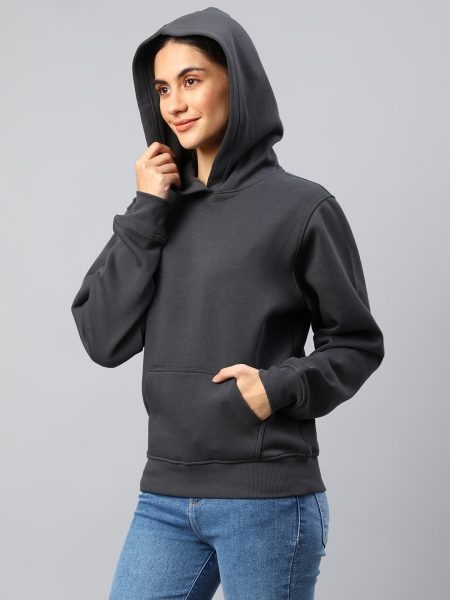 Women  Grey Solid Hood Wool Sweatshirt
