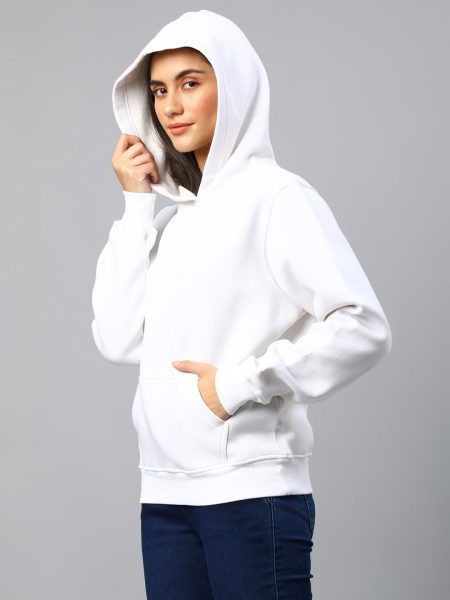 Women White Solid Hood Wool Sweatshirt