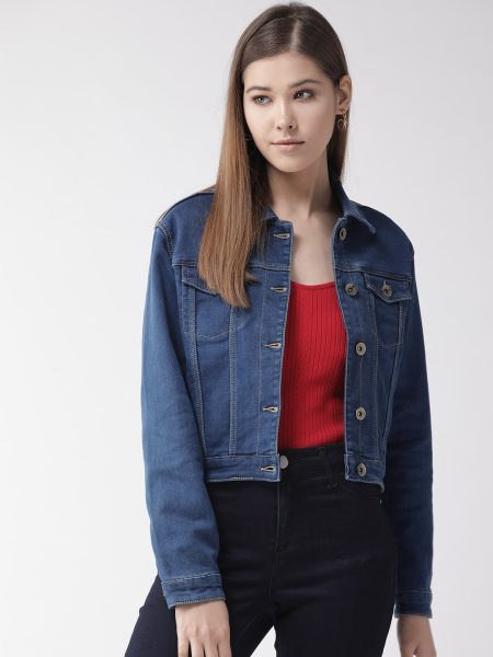 Women Blue Solid Crop Denim Jacket