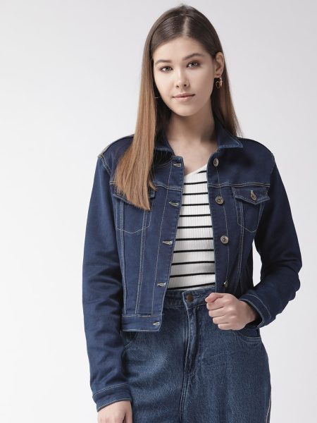 Women Navy Blue Solid Crop Denim Jacket