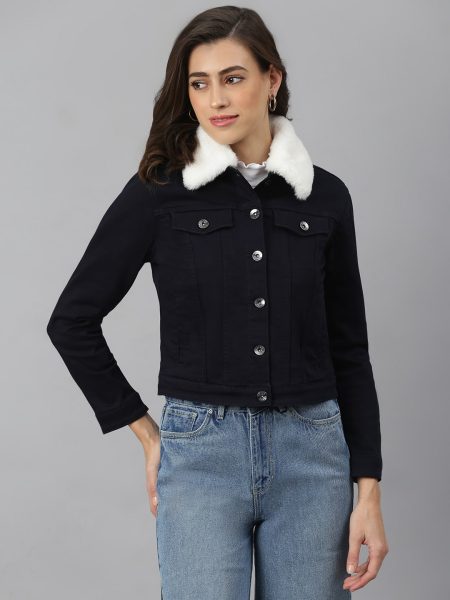 Women Navy Blue Pure Cotton Crop Trucker Fur Jacket