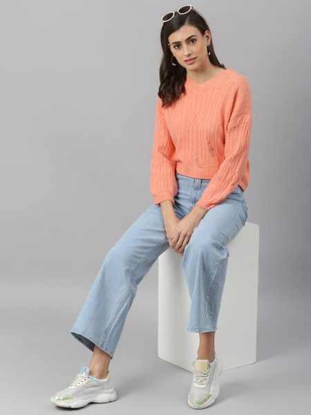 Women Orange-Coloured Cable Knit Crop Pullover