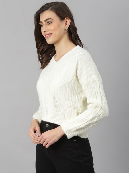 Women White -Coloured Cable Knit Crop Pullover