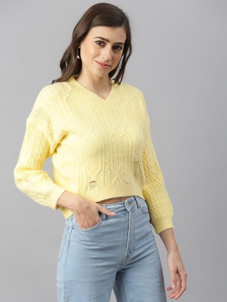 Women Yellow-Coloured Cable Knit Crop Pullover