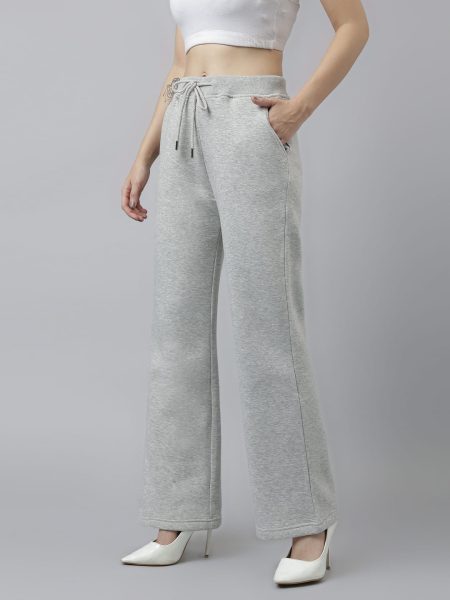 Women Grey Solid Fleecy Wide Leg Trousers