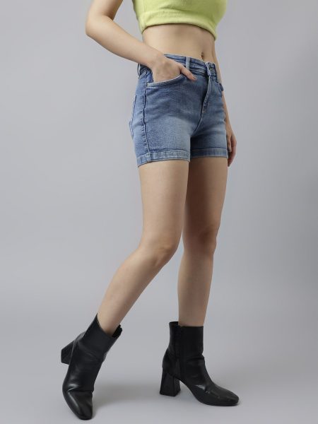 Women Blue High-Rise Denim Shorts
