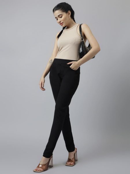 Women Black Solid Flexible Slim Fit Trousers