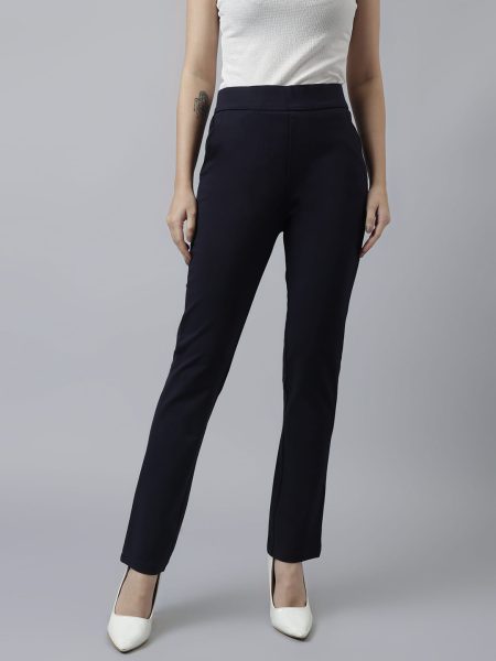 Women Navy Solid Slim Fit High Rise Trousers