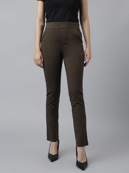 Women Oive Solid Slim Fit High Rise Trousers
