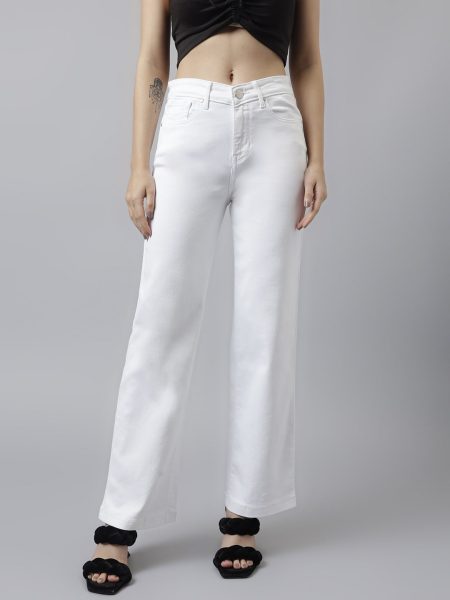 Women White Comfort Wide Leg High-Rise  Stretchable Jeans