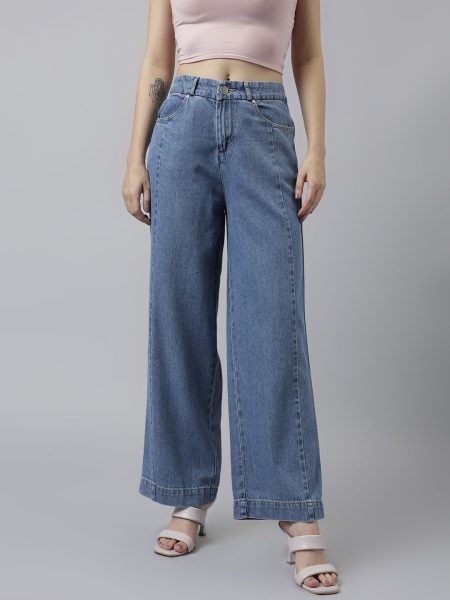 Women Blue Wide Leg  High-Rise Cotton Denim Trousers