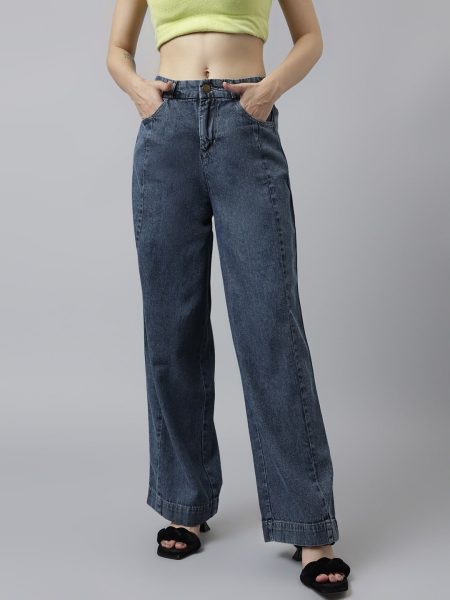 Women Navy Blue Wide Leg  High-Rise Cotton Denim Trousers