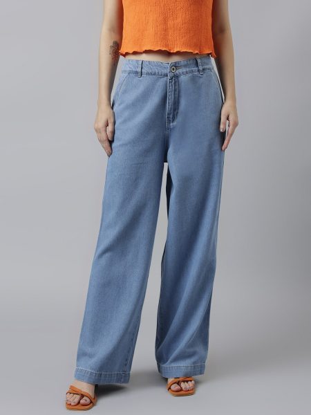 Women Blue Wide Leg  High-Rise Cotton Denim Trousers