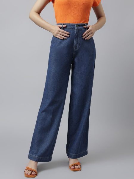 Women Navy Blue Wide Leg  High-Rise Cotton Denim Trousers