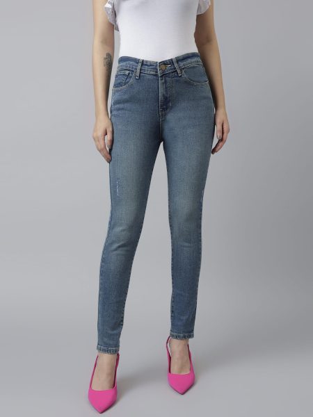 Women Navy Blue Slim Fit High-Rise Distress Stretchable Jeans