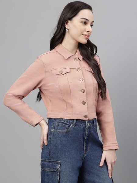 Women Mauve Solid Crop Denim Jacket