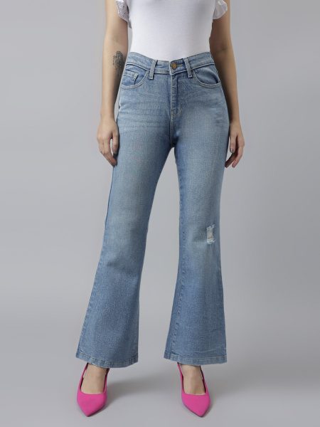 Women Blue Comfort Flared High-Rise Low Distressed Stretchable Jeans