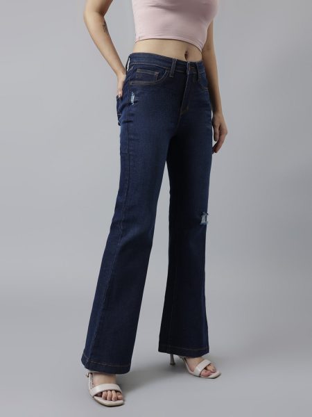 Women Navy Blue Comfort Flared High-Rise Low Distressed Stretchable Jeans