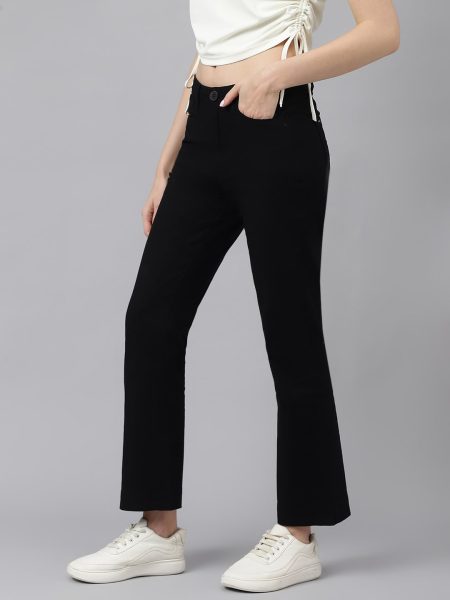 Women Black Smart Boot cut Solid Formal Trousers