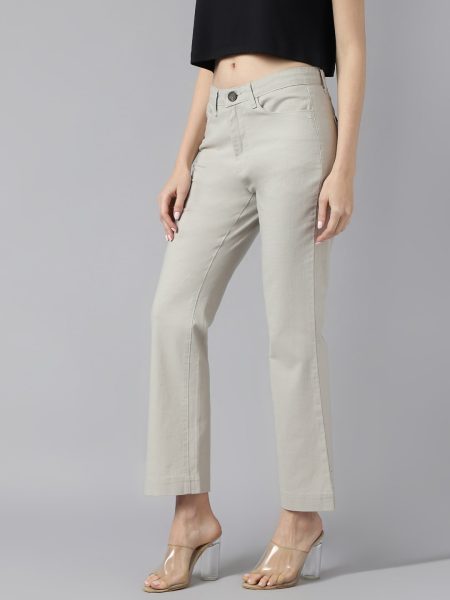 Women Light Grey Smart Boot cut Solid Formal Trousers