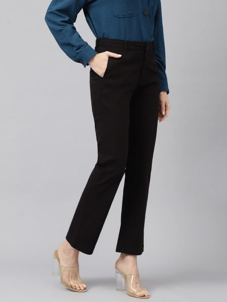 Women Black  Boot Cut Fit High-Rise Clean Look Stretchable Trousers