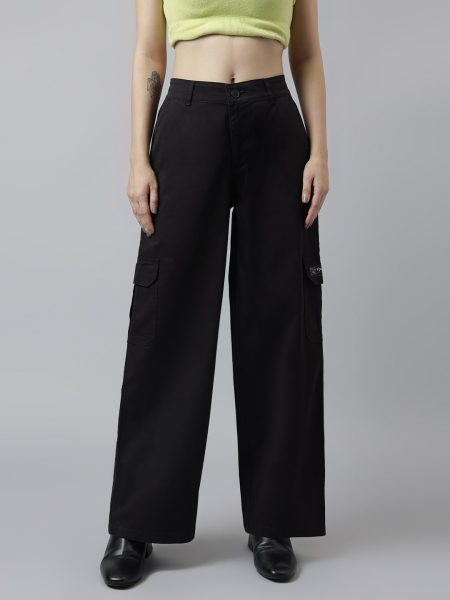 Women Black Comfort Wide Leg High-Rise Cargo Trousers