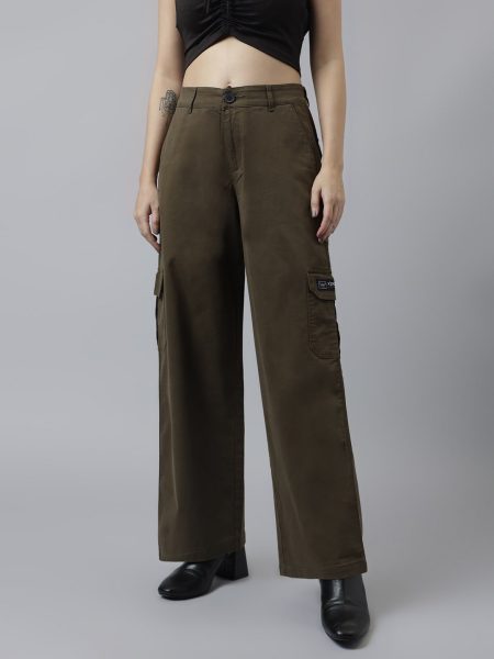 Women Olive Comfort Wide Leg High-Rise Cargo Trousers