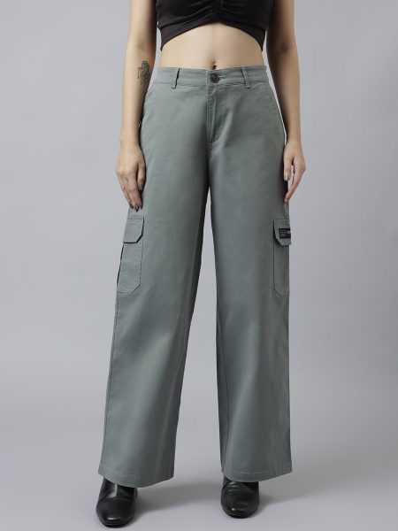 Women Steel Blue Comfort Wide Leg High-Rise Cargo Trousers