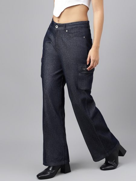 Women High-Rise Easy Wash Denim Cargos Trousers