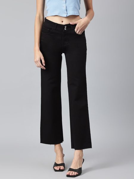 Women Black Comfort Wide Leg High-Rise Stretchable Jeans
